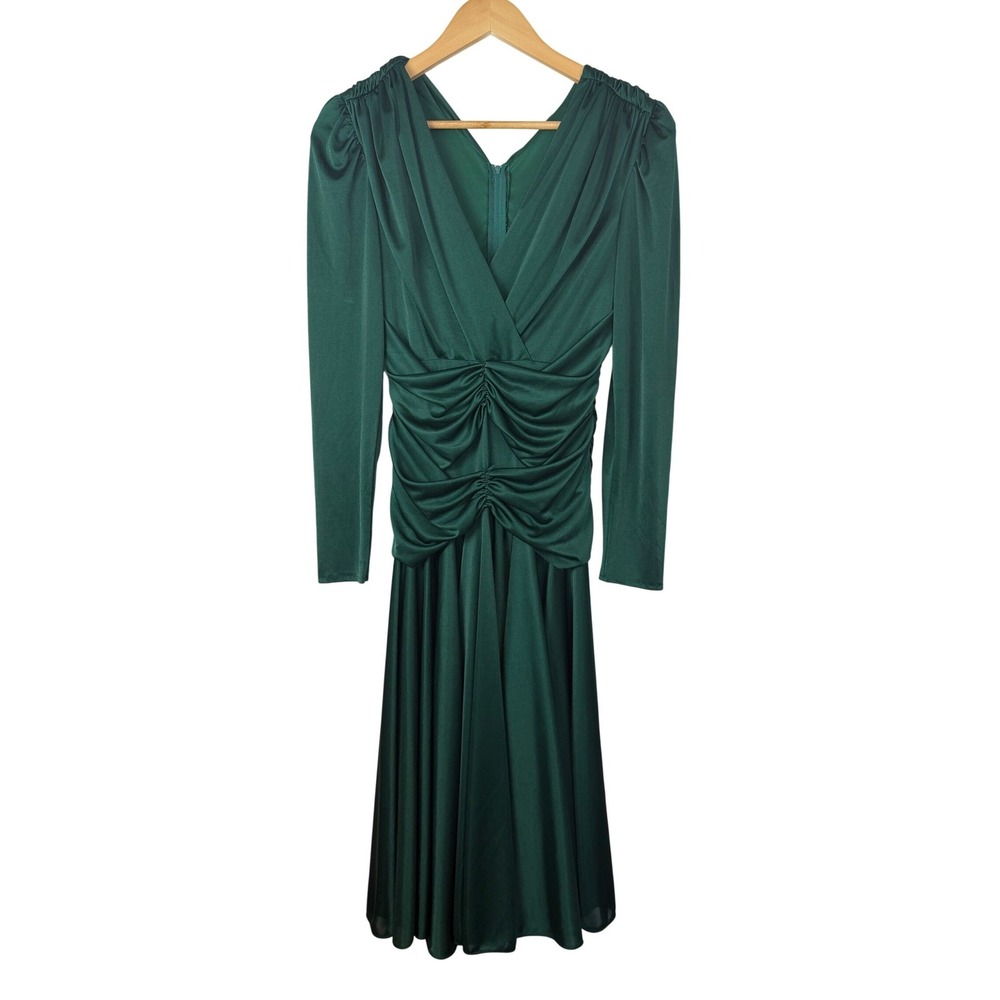 VTG Filigree Ltd Emerald Green Ruched V-Neck Midi Dress 80s Made in USA Size 8